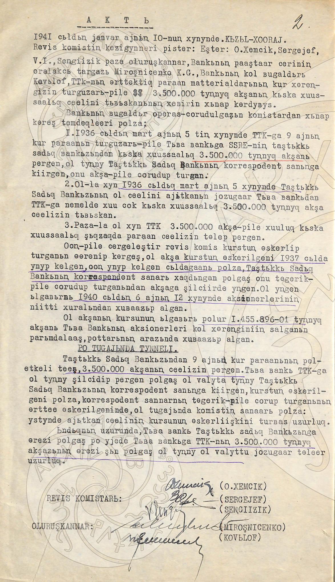 Акт  обследования оформления выдачи краткосрочной ссуды Тувинценкоопу от 10.01.1941 г.